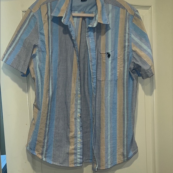 Men's U.S. Polo Assn. Blue and Tan Striped Button-Up Shirt - Picture 1 of 5